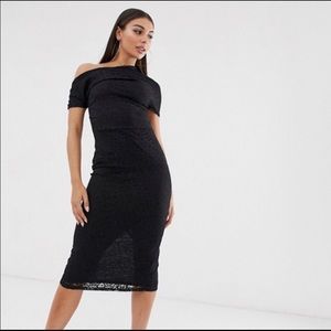 One Shoulder Black Midi Dress with Back Slip